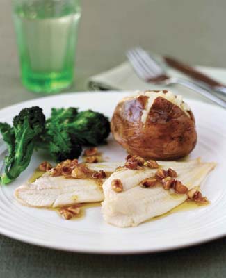 Sole with Lemon & Hazelnut Sauce and Purple Sprouting Broccoli 